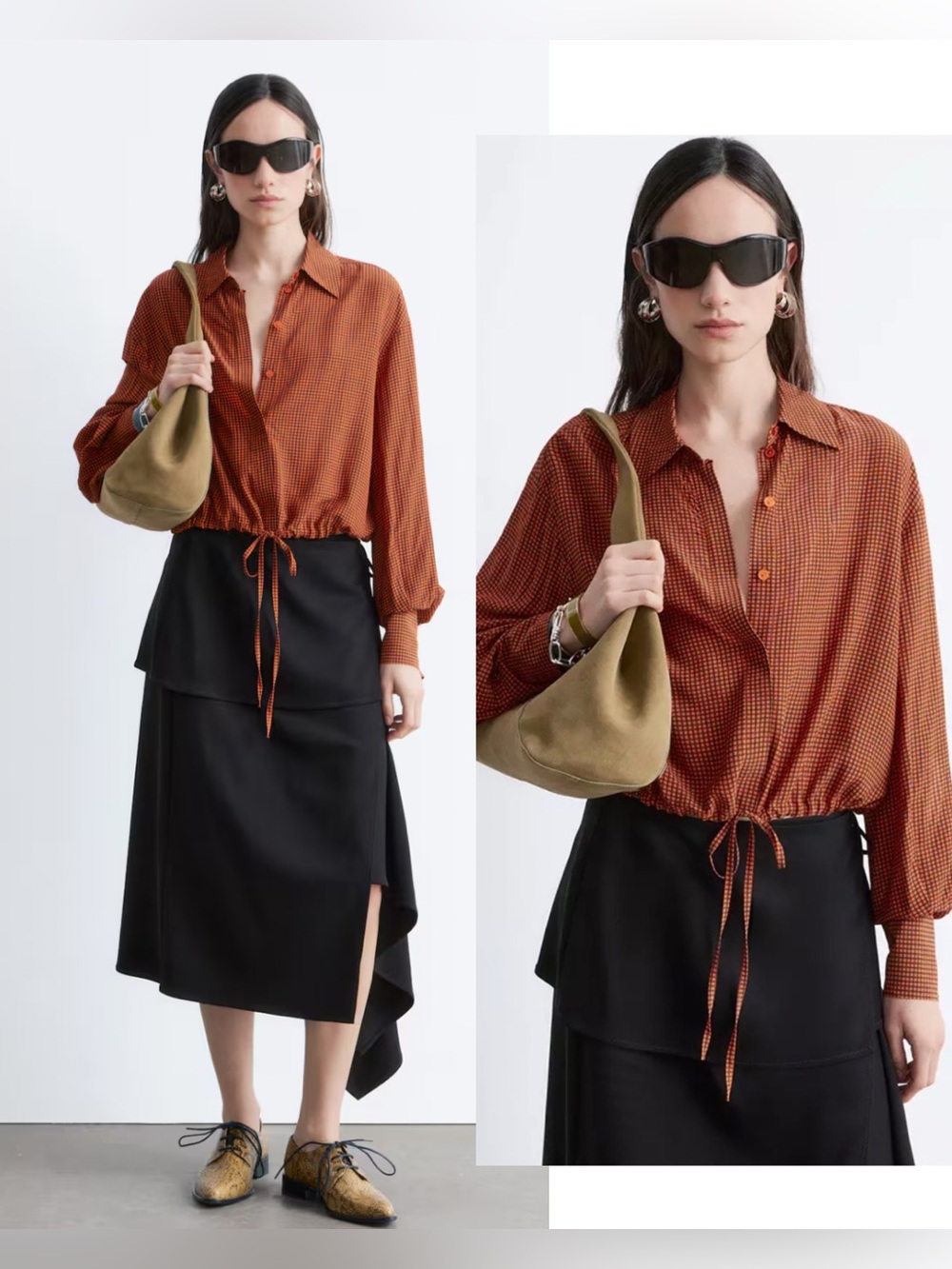 & Other Stories Orange Checked Drawstring Cropped Shirt Blouse Size M